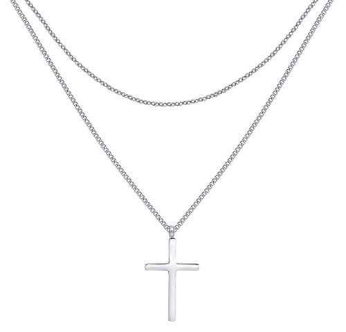 Happiness Boutique Damen Kreuz Kette in Silberfarbe | Filigrane Mehrreihige Kette mit Kreuz Anhänger Edelstahlschmuck von Happiness Boutique