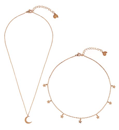 Happiness Boutique Damen Mond und Stern Schmuckset in Rosegold 2-TLG. | Halbmond Kette und Choker Kette mit Stern Anhängern von Happiness Boutique