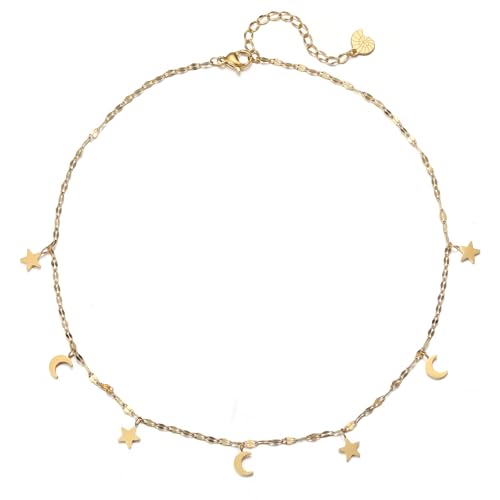 Happiness Boutique Damen Stern und Mond Choker | Wasserfeste Halskette | Hochwertige Kette mit Stern- und Mond-Anhängern in Gold – Roségold, Silber von Happiness Boutique