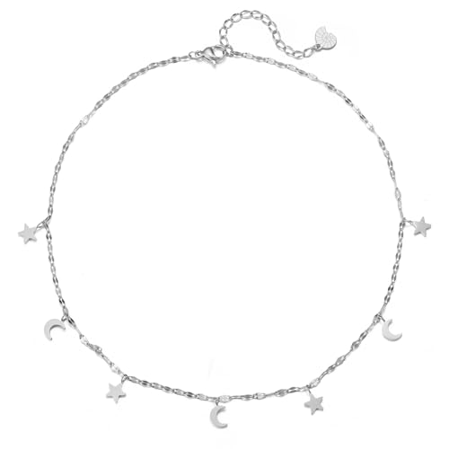 Happiness Boutique Damen Stern und Mond Choker | Wasserfeste Halskette | Hochwertige Kette mit Stern- und Mond-Anhängern in Gold – Roségold, Silber von Happiness Boutique