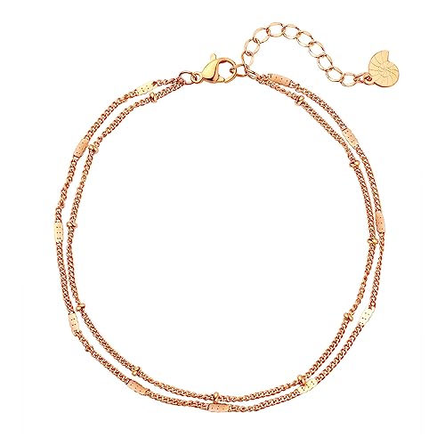 Happiness Boutique Doppelreihiges Damen Fußkettchen aus Edelstahl | Dünne Verstellbare Zweireihige Fußkette in Gold - Rosegold, Silber | Wasserfeste Fußkette mit Metallperlen von Happiness Boutique