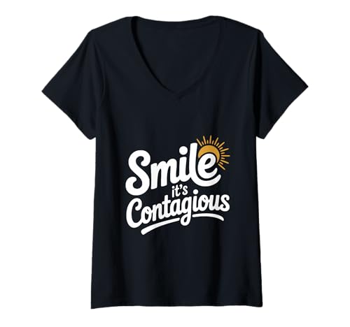 Damen Lächeln Sie, es ist ansteckend, Positive, unterhaltsame Stimmung T-Shirt mit V-Ausschnitt Damen Lächeln Sie, es ist ansteckend, Positive, unterhaltsame Stimmung T-Shirt mit V-Ausschnitt von Happiness Express - Spreading Smiles and Joy Daily