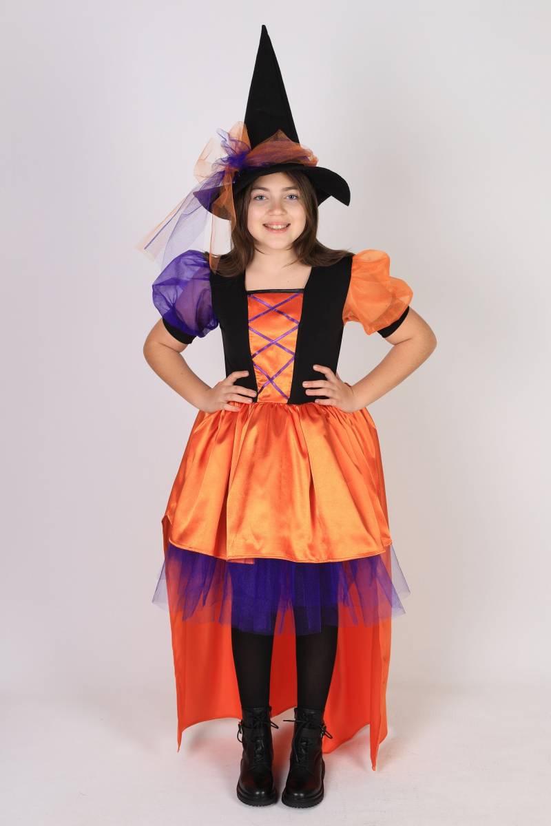 Oranges Hexenkostüm Für Mädchen Zauberhaftes Halloween Delight, Handgemachtes Mädchen Kostüm, Hexenkleid von HappinessHouseTR