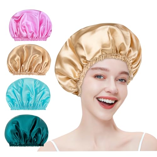 Duschhauben für Damen, doppellagig, wasserdicht, elastische und wiederverwendbare Duschhaube, EVA-Haarkappe für Dusche, Umweltschutz, Haarbadenhut, Rosa, Gold, Grün, Blau, 4 Stück Duschhauben für Damen, doppellagig, wasserdicht, elastische und wiederverwendbare Duschhaube, EVA-Haarkappe für Dusche, Umweltschutz, Haarbadenhut, Rosa, Gold, Grün, Blau, 4 Stück von Happtiger