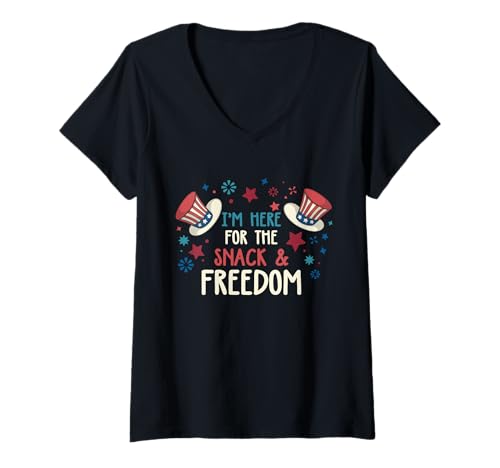 Damen Retro 4. Juli I'm Here For The Snacks And Freedom T-Shirt mit V-Ausschnitt von Happy 4th Of July Independence Day Gifts
