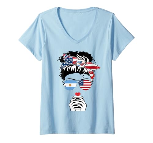 Damen Argentinische Amerikanische Kaffee Mama Mädchen Schwester Argentinien US-Flagge T-Shirt mit V-Ausschnitt Damen Argentinische Amerikanische Kaffee Mama Mädchen Schwester Argentinien US-Flagge T-Shirt mit V-Ausschnitt von Happy Argentina America Day Argentine American Tee