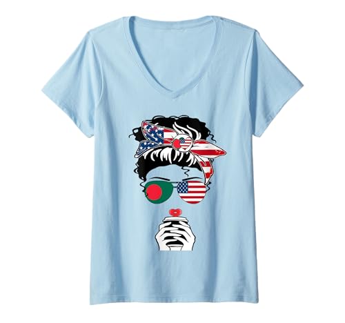 Damen Bangladeschische amerikanische Kaffeemutter, Mädchen, Tante, Bangladesch, US-Flagge T-Shirt mit V-Ausschnitt Damen Bangladeschische amerikanische Kaffeemutter, Mädchen, Tante, Bangladesch, US-Flagge T-Shirt mit V-Ausschnitt von Happy Bangladesh America Day Bangladeshi American