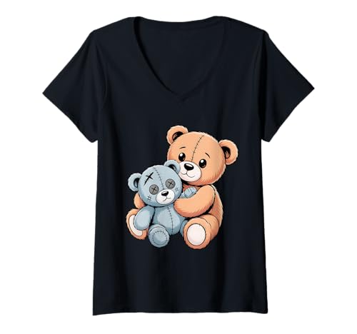 Damen Niedlicher Bär, der Sich umarmt, Stofftier Cartoon T-Shirt mit V-Ausschnitt Damen Niedlicher Bär, der Sich umarmt, Stofftier Cartoon T-Shirt mit V-Ausschnitt von Happy Bear Holds His Toy Friend