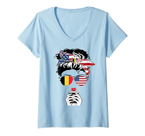 Damen Belgischer amerikanischer Kaffee Mama Mädchen Schwester Tante Belgien US-Flagge T-Shirt mit V-Ausschnitt Damen Belgischer amerikanischer Kaffee Mama Mädchen Schwester Tante Belgien US-Flagge T-Shirt mit V-Ausschnitt von Happy Belgian-American Days Belgian American Pride