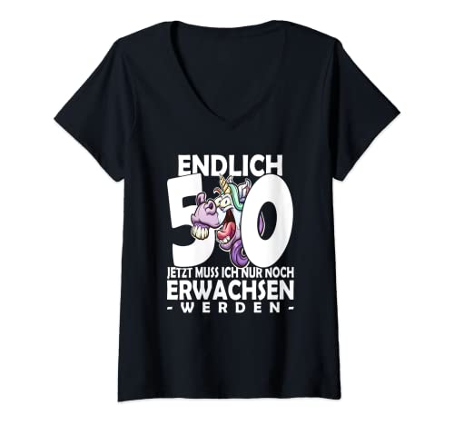 Damen Endlich 50 jetzt muss ich nur noch Erwachsen werden Einhorn T-Shirt mit V-Ausschnitt Damen Endlich 50 jetzt muss ich nur noch Erwachsen werden Einhorn T-Shirt mit V-Ausschnitt von Happy Birthday Geburtstagsgeschenk Frauen & Männer