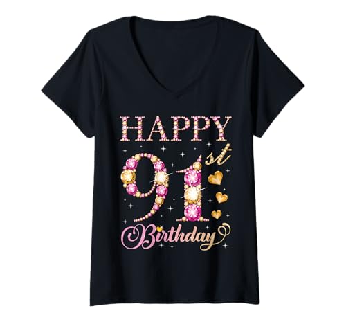 Damen Alles Gute zum 91. Geburtstag, Geburtstagsfeier für Männer und Frauen, für 91 Jahre T-Shirt mit V-Ausschnitt Damen Alles Gute zum 91. Geburtstag, Geburtstagsfeier für Männer und Frauen, für 91 Jahre T-Shirt mit V-Ausschnitt von Happy Birthday Party It's My Birthday Party