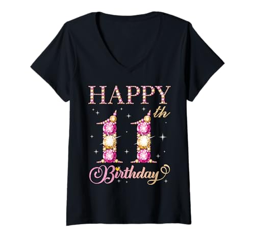 Damen Geburtstagsparty für Jungen und Mädchen, 11 Jahre, Alles Gute zum 11. Geburtstag T-Shirt mit V-Ausschnitt von Happy Birthday Party It's My Birthday Party