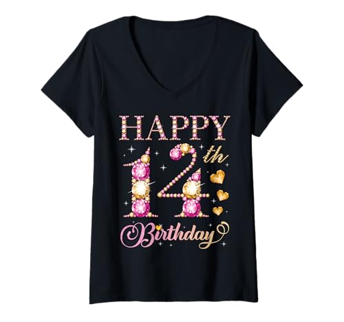 Damen Geburtstagsparty für Jungen und Mädchen, 14 Jahre, Alles Gute zum 14. Geburtstag T-Shirt mit V-Ausschnitt Damen Geburtstagsparty für Jungen und Mädchen, 14 Jahre, Alles Gute zum 14. Geburtstag T-Shirt mit V-Ausschnitt von Happy Birthday Party It's My Birthday Party