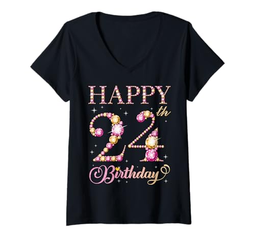 Damen Happy 24 Birthday Geburtstagsparty für Männer und Frauen für 24 Jahre T-Shirt mit V-Ausschnitt Damen Happy 24 Birthday Geburtstagsparty für Männer und Frauen für 24 Jahre T-Shirt mit V-Ausschnitt von Happy Birthday Party It's My Birthday Party