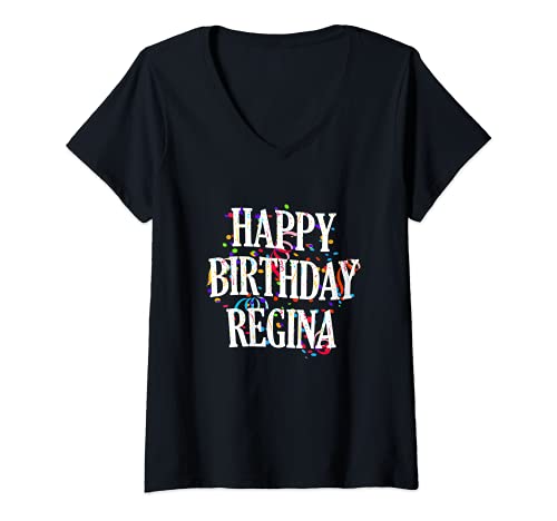 Damen Happy Birthday Regina Mädchen Vorname Buntes Geburtstag T-Shirt mit V-Ausschnitt von Happy Birthday Regina