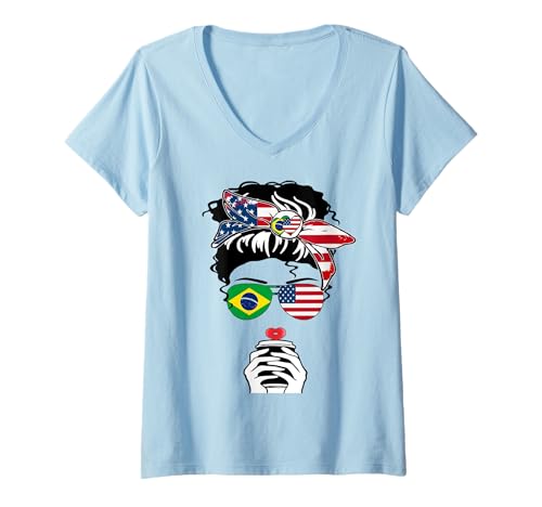Damen Brasilianische amerikanische Kaffeetasse Mama Girl Sis Tante Brasilien USA Flagge T-Shirt mit V-Ausschnitt Damen Brasilianische amerikanische Kaffeetasse Mama Girl Sis Tante Brasilien USA Flagge T-Shirt mit V-Ausschnitt von Happy Brazil America Day Brazilian American Pride
