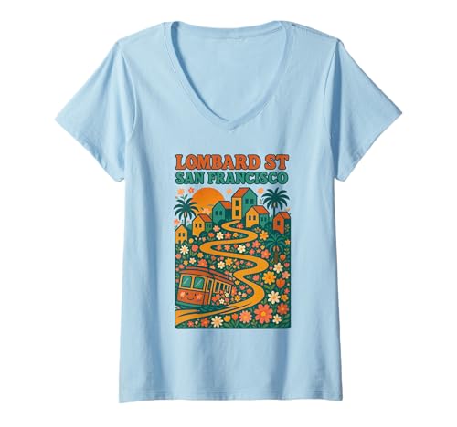 Damen Lombard Street San Francisco Cable Car, niedliches Blumenmuster, Vintage-Stil T-Shirt mit V-Ausschnitt Damen Lombard Street San Francisco Cable Car, niedliches Blumenmuster, Vintage-Stil T-Shirt mit V-Ausschnitt von Happy Cable Car San Francisco