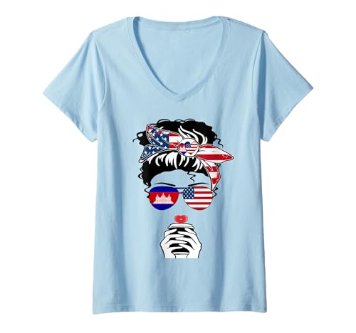 Damen Kambodschanische Amerikanische Kaffee Mama Mädchen Schwester Kambodscha USA Flagge T-Shirt mit V-Ausschnitt Damen Kambodschanische Amerikanische Kaffee Mama Mädchen Schwester Kambodscha USA Flagge T-Shirt mit V-Ausschnitt von Happy Cambodia America Day Cambodian American Tee