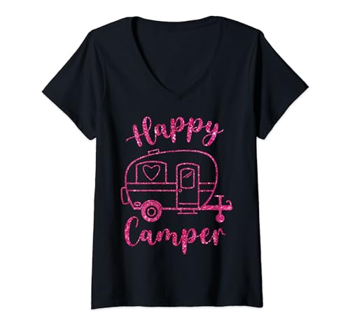 Happy Camper Camper Girly Pink T-Shirt mit V-Ausschnitt Happy Camper Camper Girly Pink T-Shirt mit V-Ausschnitt von Happy Camper Camper Girly Pink
