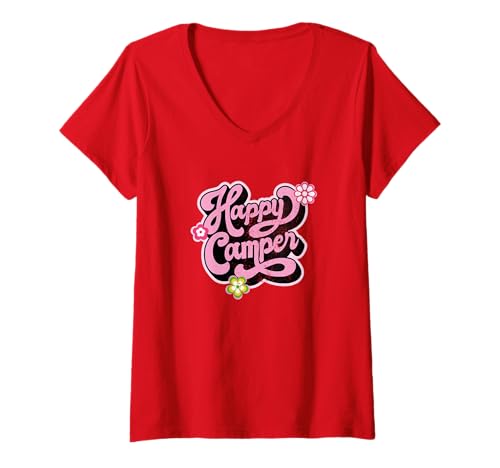 Damen Happy Camper, Retro Schriftzug T-Shirt mit V-Ausschnitt Damen Happy Camper, Retro Schriftzug T-Shirt mit V-Ausschnitt von Happy Camper Quote Lettering Retro Vintage Design