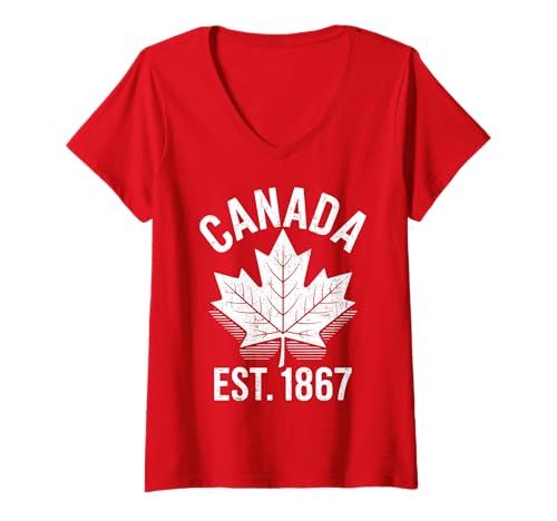 Damen Kanada Maple Leaf Est 1867 Retro Canada Day Pride Herren Damen T-Shirt mit V-Ausschnitt Damen Kanada Maple Leaf Est 1867 Retro Canada Day Pride Herren Damen T-Shirt mit V-Ausschnitt von Happy Canada Day Outfits for Men Women Kids.
