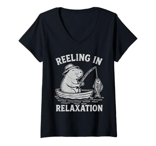Damen Vintage-Fishing Capybara-Fischer Capibara-Angler T-Shirt mit V-Ausschnitt Damen Vintage-Fishing Capybara-Fischer Capibara-Angler T-Shirt mit V-Ausschnitt von Happy Capybara Co. by TheMaesthetics