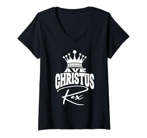 Damen Ave Christus Rex Traditioneller katholischer lateinischer Hagel Christus König T-Shirt mit V-Ausschnitt von Happy Catholics