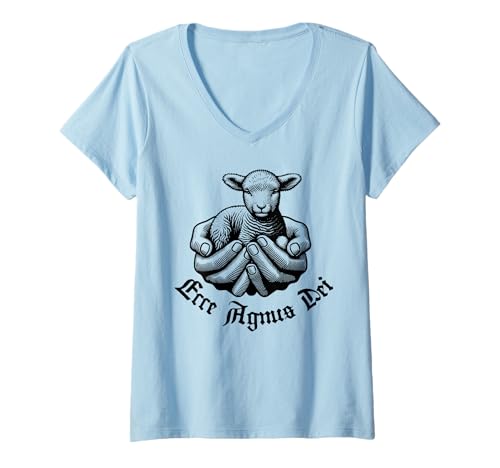 Damen ECCE Agnus Sanctus Traditionelle lateinische katholisch T-Shirt mit V-Ausschnitt von Happy Catholics