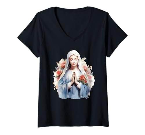 Damen Gesegnete Mutter Maria Mutter Jesu Rosen Unsere Liebe Frau Katholisch T-Shirt mit V-Ausschnitt von Happy Catholics