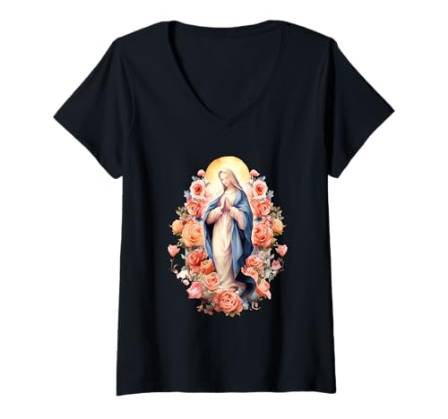 Damen Gesegnete Mutter Maria Mutter Jesu Rosen Unsere Liebe Frau Katholisch T-Shirt mit V-Ausschnitt von Happy Catholics