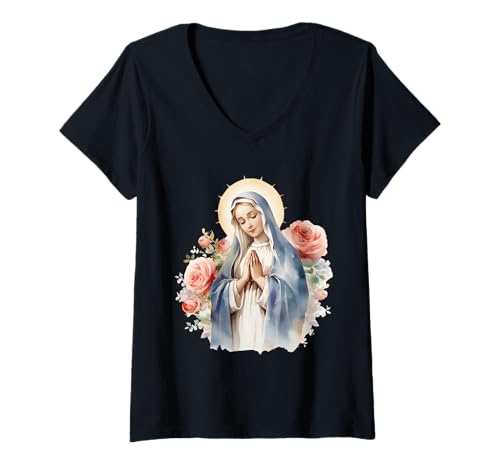 Damen Gesegnete Mutter Maria Mutter Jesu Rosen Unsere Liebe Frau Katholisch T-Shirt mit V-Ausschnitt von Happy Catholics