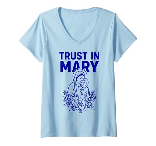 Damen Gesegnete Mutter Maria und Jesus Our Lady Catholic Trust T-Shirt mit V-Ausschnitt von Happy Catholics