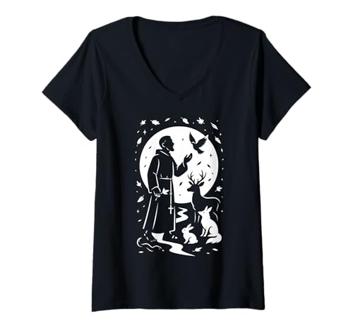 Damen Heiliger Franziskus von Assisi katholischer Schutzpatron T-Shirt mit V-Ausschnitt von Happy Catholics
