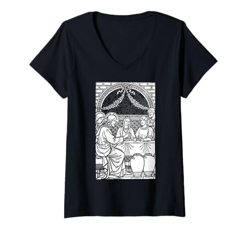 Damen Hochzeit in Cana Art Water into Wine Traditionell Katholisch T-Shirt mit V-Ausschnitt von Happy Catholics