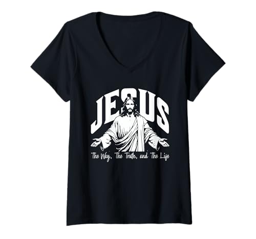 Damen Jesus The Way The Truth and The Life Katholischer Bibelvers T-Shirt mit V-Ausschnitt von Happy Catholics