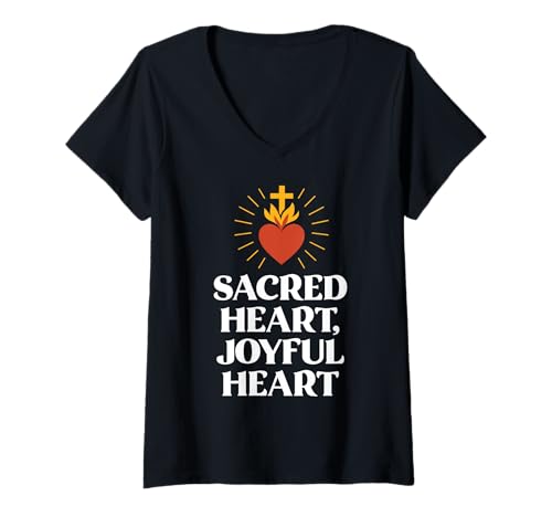 Damen Katholisches Heiliges Herz Jesu freudiges Herz T-Shirt mit V-Ausschnitt von Happy Catholics