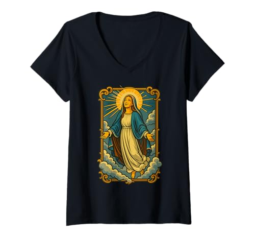 Damen Mariä Himmelfahrt der seligen Mutter Katholischer Glaube T-Shirt mit V-Ausschnitt von Happy Catholics