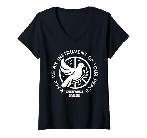 Damen St. Francis of Assisi Prayer Make Instrument Peace Catholic T-Shirt mit V-Ausschnitt von Happy Catholics