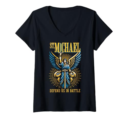 Damen St. Michael der Erzengel verteidigt Uns in der Schlacht des katholischen Heiligen T-Shirt mit V-Ausschnitt von Happy Catholics