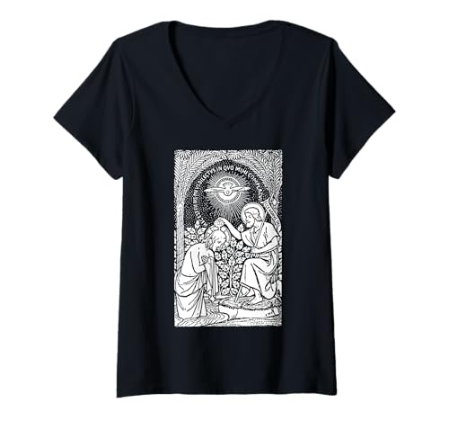 Damen Taufe Jesu Johannes Baptist Traditionelle katholische Heilige T-Shirt mit V-Ausschnitt von Happy Catholics