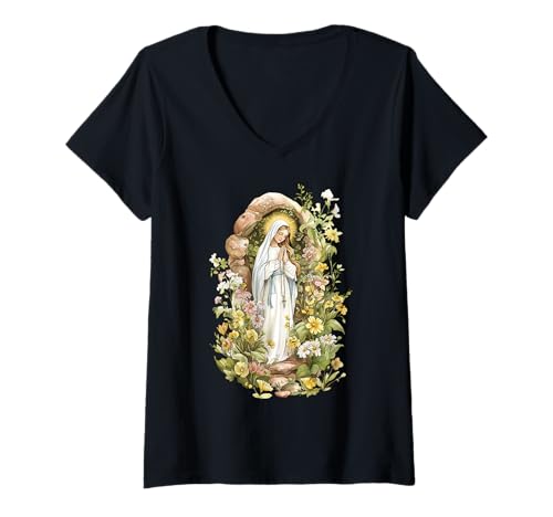 Damen Unsere Liebe Frau von Lourdes Unbefleckte gesegnete Mutter Maria katholisch T-Shirt mit V-Ausschnitt von Happy Catholics