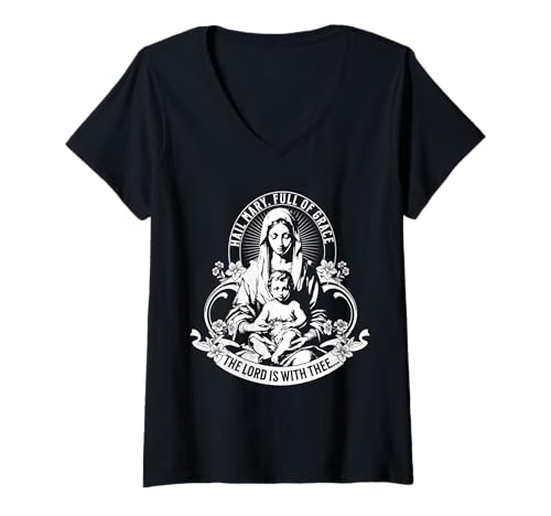 Damen Unsere gesegnete Mutter katholischer Rosenkranz Hagel Maria voller Gnade T-Shirt mit V-Ausschnitt von Happy Catholics