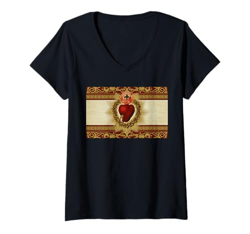 Damen Vintage Heiliges Herz Jesu Symbol traditionell katholisch T-Shirt mit V-Ausschnitt Damen Vintage Heiliges Herz Jesu Symbol traditionell katholisch T-Shirt mit V-Ausschnitt von Happy Catholics