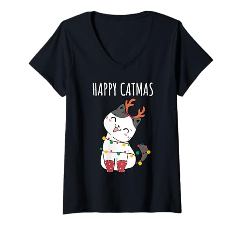 Damen Happy Catmas lustiges Weihnachtsshirt Katze Weihnachtsbaum T-Shirt mit V-Ausschnitt Damen Happy Catmas lustiges Weihnachtsshirt Katze Weihnachtsbaum T-Shirt mit V-Ausschnitt von Happy Catmas lustiges Weihnachtsshirt Katze