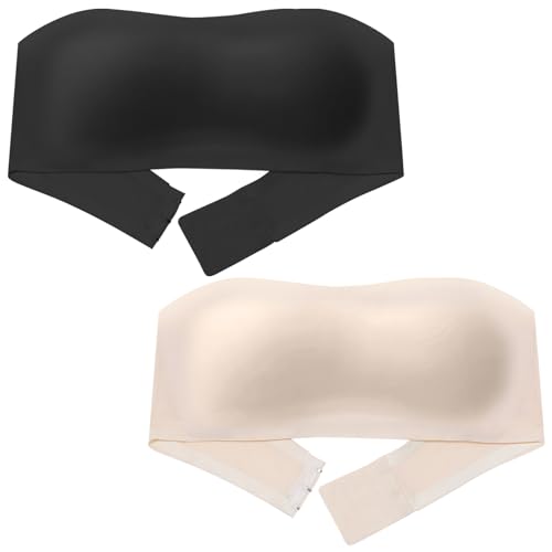 2 Stück Trägerlos BH Kinder Mädchen Nahtlose Strapless Bras mit Abnehmbaren Verstellbaren Trägern Unterwäsche Atmungsaktiv Stretch Beige+Schwarz XL 38/85 von Happy Cherry
