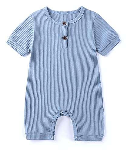 Baby Strampler Kurzarm Baumwolle Jumpsuit Spielanzug Mädchen Jungen Bodysuits Strampelanzug Sommer Kleinkind Schlafanzug Baby-Nachtwäsche Krabbelanzug Einteilig Outfits-Blau-80cm von Happy Cherry