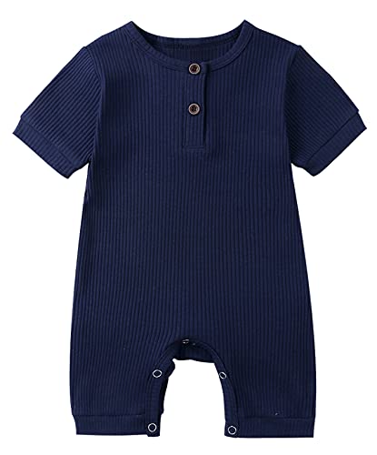 Baby Strampler Kurzarm Baumwolle Jumpsuit Spielanzug Mädchen Jungen Bodysuits Strampelanzug Sommer Kleinkind Schlafanzug Baby-Nachtwäsche Krabbelanzug Einteilig Outfits-Dunkelblau-60cm von Happy Cherry