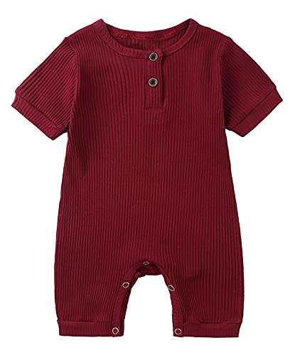 Baby Strampler Kurzarm Baumwolle Jumpsuit Spielanzug Mädchen Jungen Bodysuits Strampelanzug Sommer Kleinkind Schlafanzug Baby-Nachtwäsche Krabbelanzug Einteilig Outfits-Weinrot-70cm von Happy Cherry