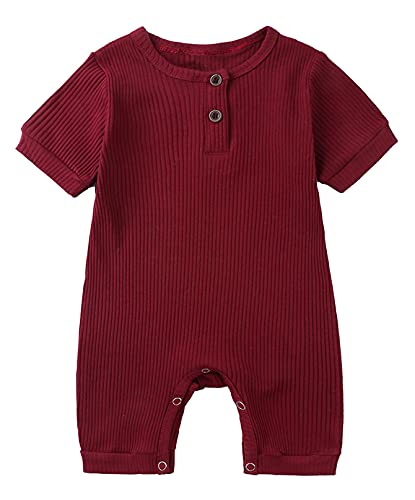 Happy Cherry Baby Strampler Kurzarm Baumwolle Jumpsuit Spielanzug Mädchen Jungen Bodysuits Strampelanzug Sommer Kleinkind Schlafanzug Baby-Nachtwäsche Krabbelanzug Einteilig Outfits-Weinrot-80cm von Happy Cherry