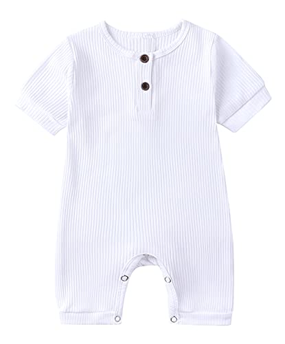 Baby Strampler Kurzarm Baumwolle Jumpsuit Spielanzug Mädchen Jungen Bodysuits Strampelanzug Sommer Kleinkind Schlafanzug Baby-Nachtwäsche Krabbelanzug Einteilig Outfits-Weiß-60cm von Happy Cherry